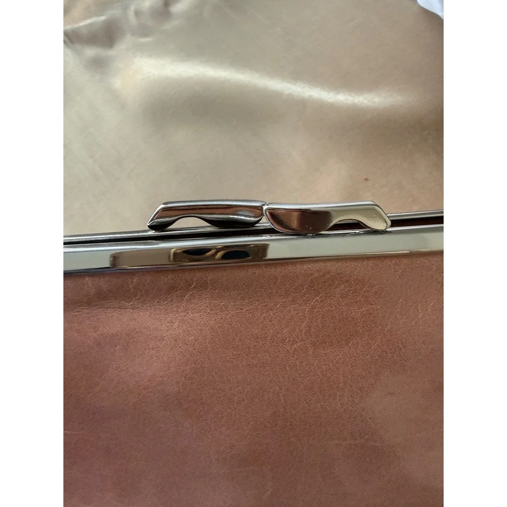 Abas Tan Leather Frame Wallet Kiss Lock Clutch Silver Hardware Tan Brown